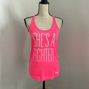 Under Armour Racerback Tank Top sz Small Neon Pink Breast Cancer Heat Gear Shirt